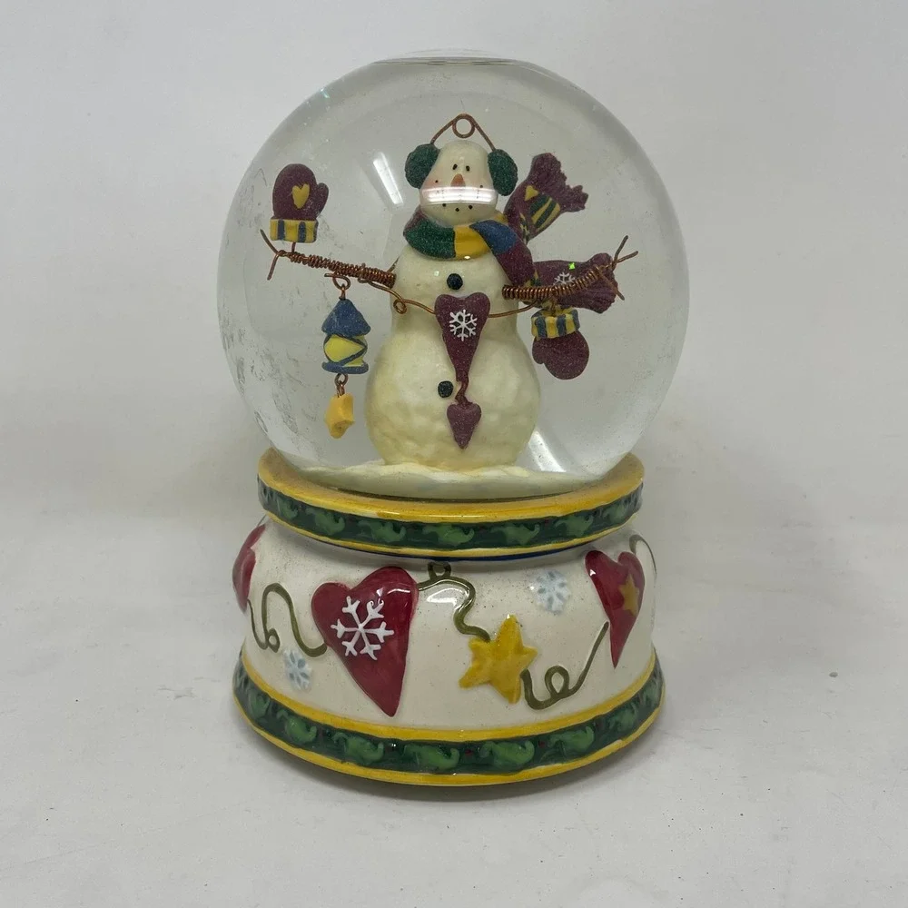 Vintage Snowman Musical Snow Globe Christmas Decor Hearts Stars Glitter